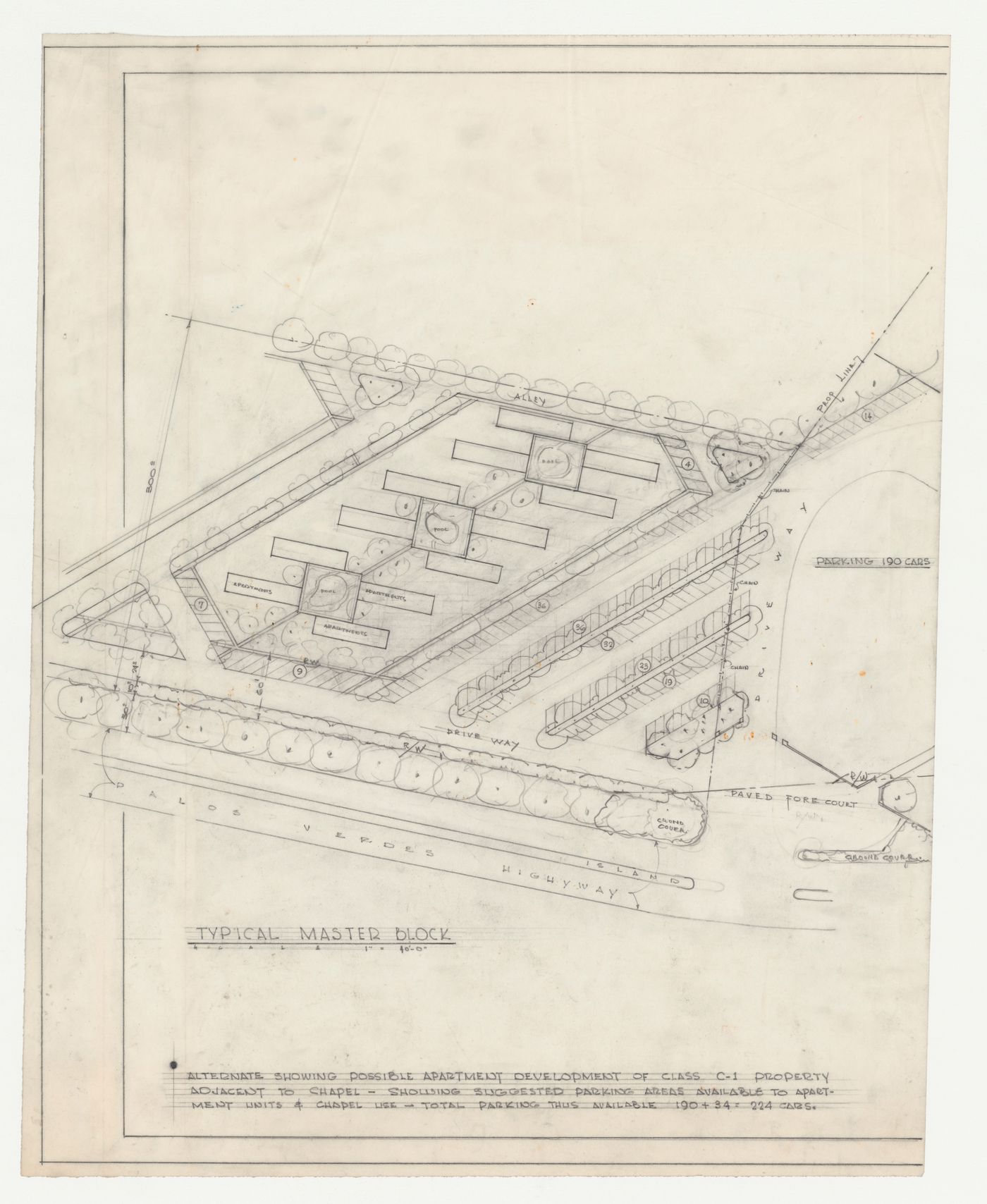 Wayfarers' Chapel, Palos Verdes, California: Site plan for apartment development on adjacent lot