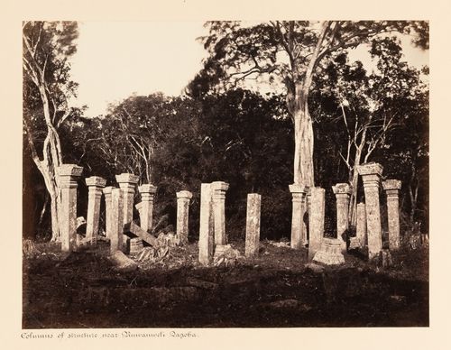 View of columns, near the Ruwanweli Seya (also known as Rumwanweli Dagoba and Rumanweli Maha Seya), Anuradhapura, Ceylon (now Sri Lanka)
