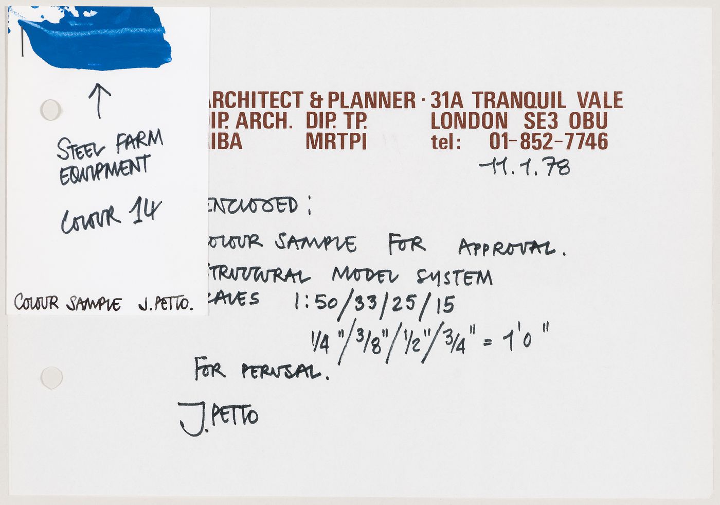 Colour sample (Steel Farm Equipment Colour 14) with note from "J. Petto" (pseudonym of David Price) for Westpen