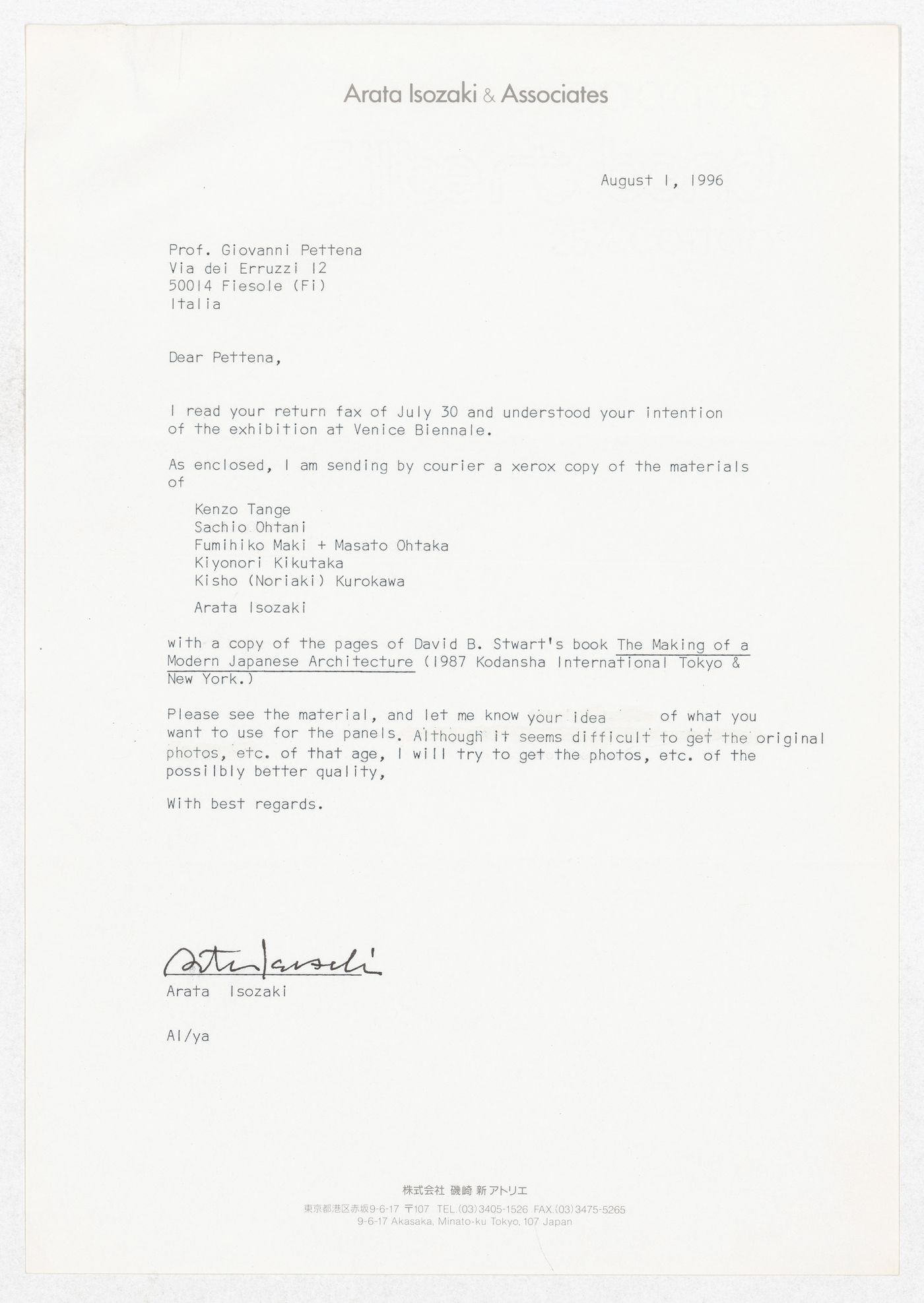Correspondence from Arata Isozaki regarding the exhibition Radicals. Architecttura e Design 1960-1975