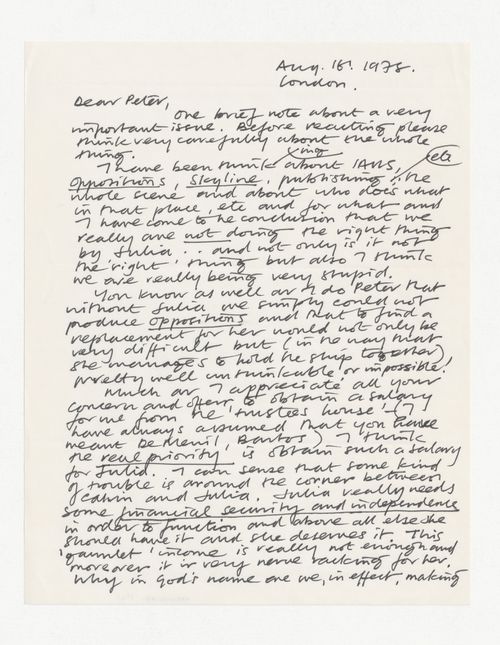 Letter from Kenneth Frampton to Peter D. Eisenman about Julia Bloomfield's role at IAUS