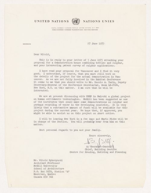 Handwritten draft of a letter from Witold Rybczynski to Alberto Gonzalez-Gandolfi and letter of reply from Alberto Gonzalez-Gandolfi