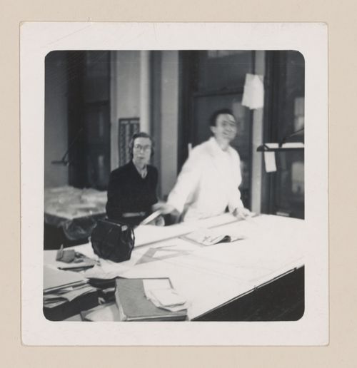 Edith Farnsworth and Myron Goldsmith in the Mies van der Rohe office, Chicago