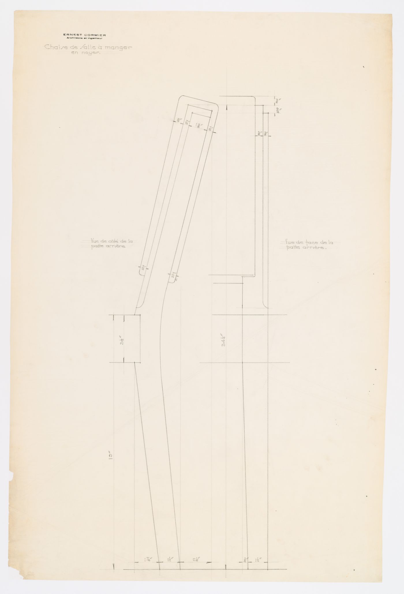 Détails d'une chaise de la salle à manger,  Résidence Ernest Cormier, 1418 Avenue des Pins Ouest, Montréal, Canada (1929-1957)