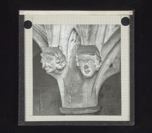 View of two sculptures of heads