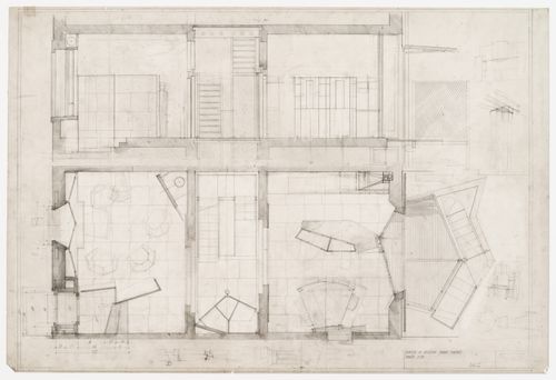 Plan and section of raised ground floor showing entrance, living room, closet, kitchen, dining room and loggia for Casa Frea, Milan, Italy