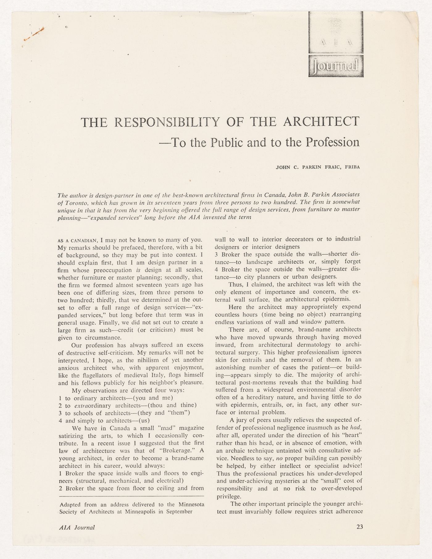 "The Responsibility of the Architect -To the Public and to the Profession" published article by Parkin printed in AIA Journal