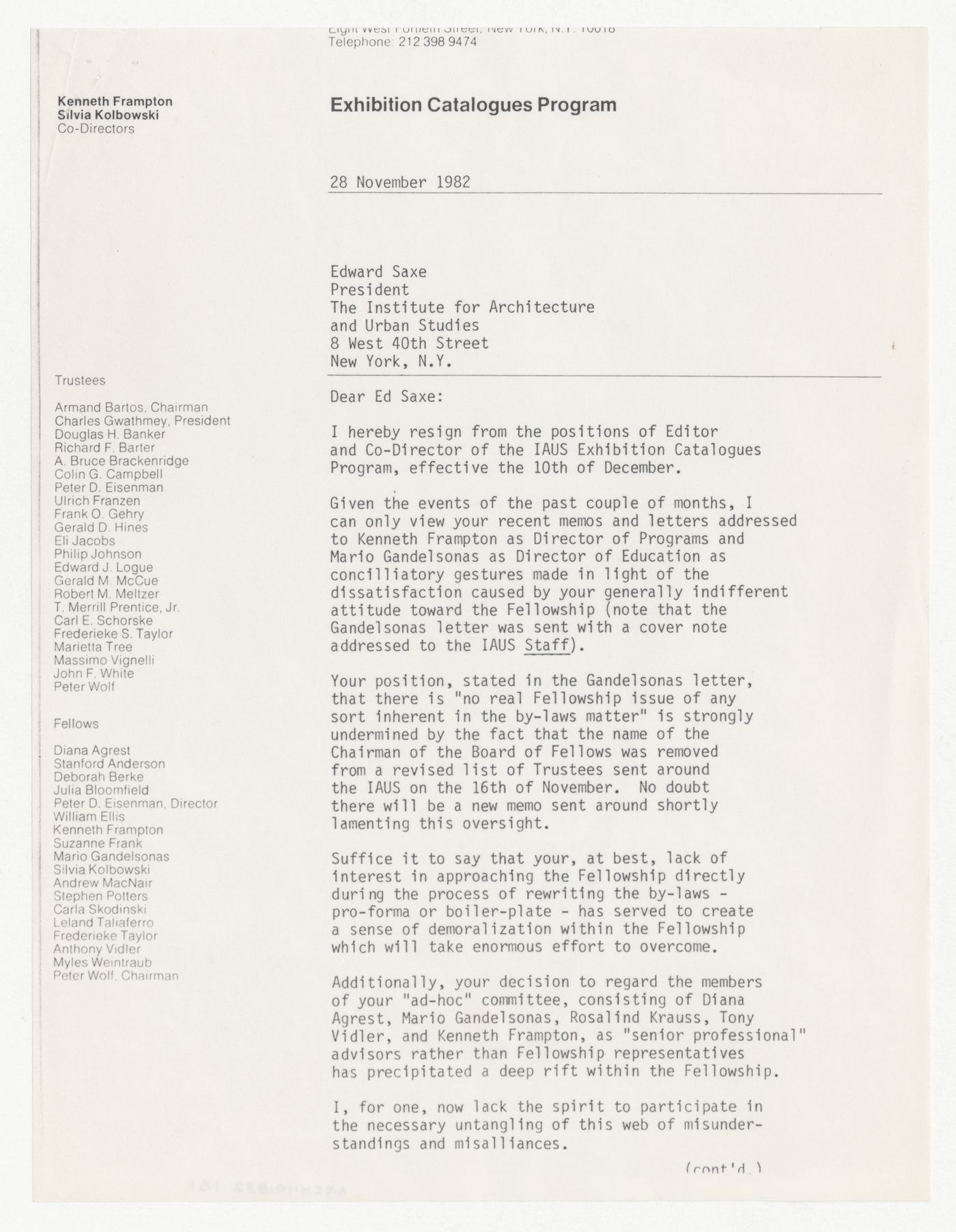 Letter from Silvia Kolbowski to Edward L. Saxe about Kolbowski's resignation as Editor and Co-Director of IAUS Exhibition Catalogues Program