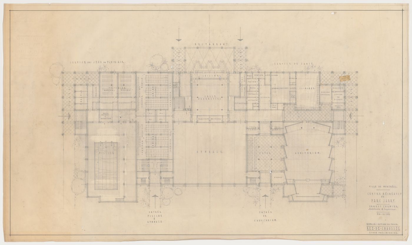 Étude préliminaire du rez-de-chaussé, Centre récréatif du Parc Jarry, Montréal, Canada (1952-1960)
