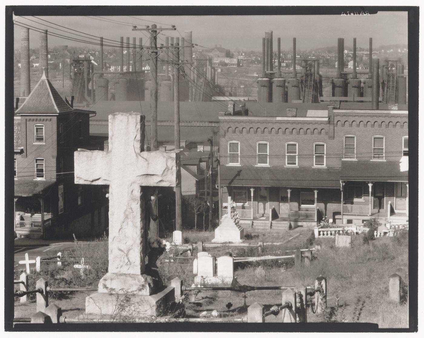 View of cemetery, houses and steel mills, Bethlehem, Pennsylvania, United States