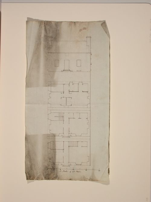 Basement, ground and first floor plans and elevation for a house