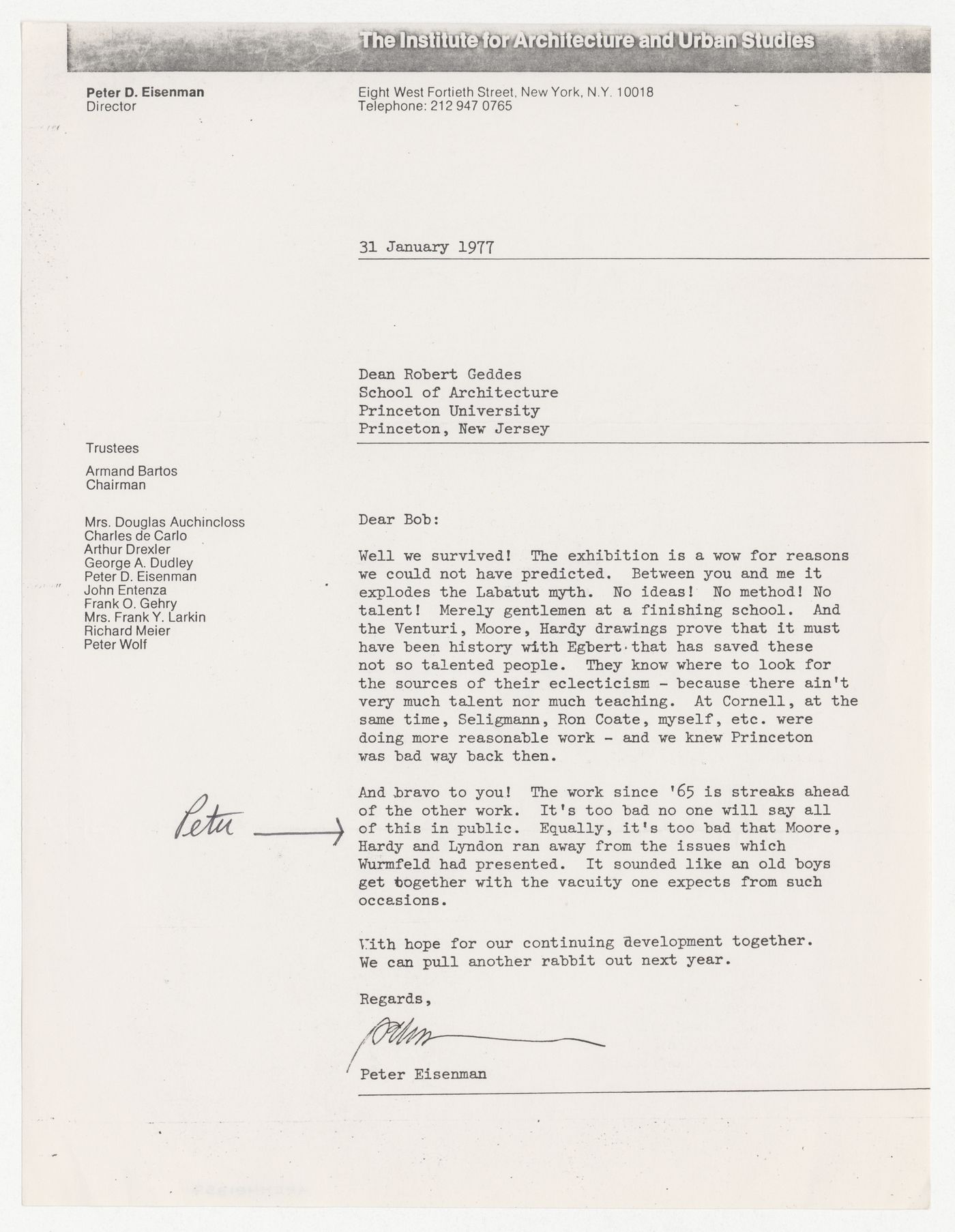 Letter from Peter D. Eisenman to Robert Geddes about an exhibition