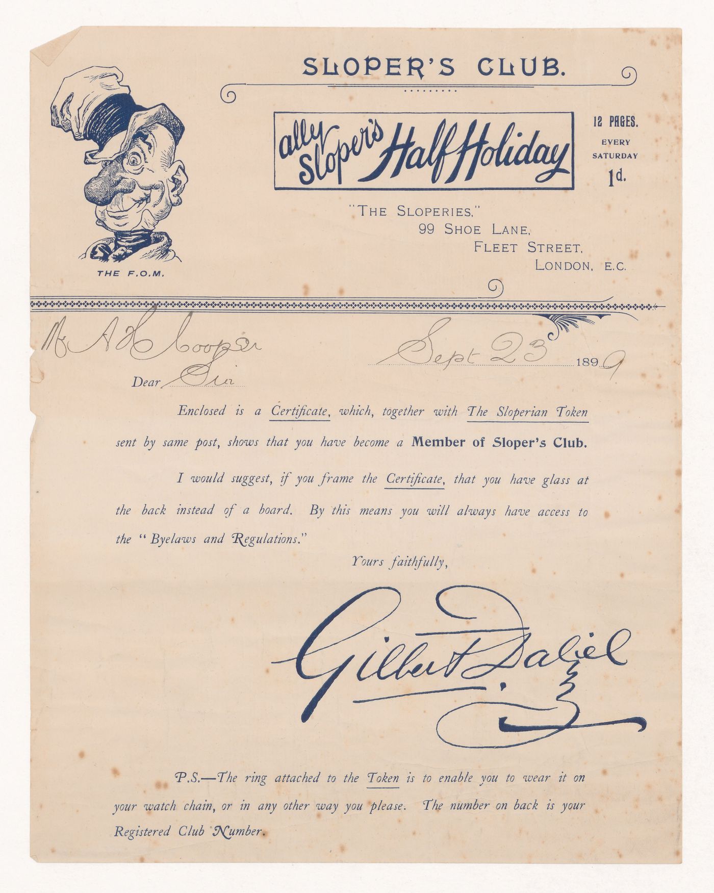 Form letter from the 'Sloper's Club' of London, England