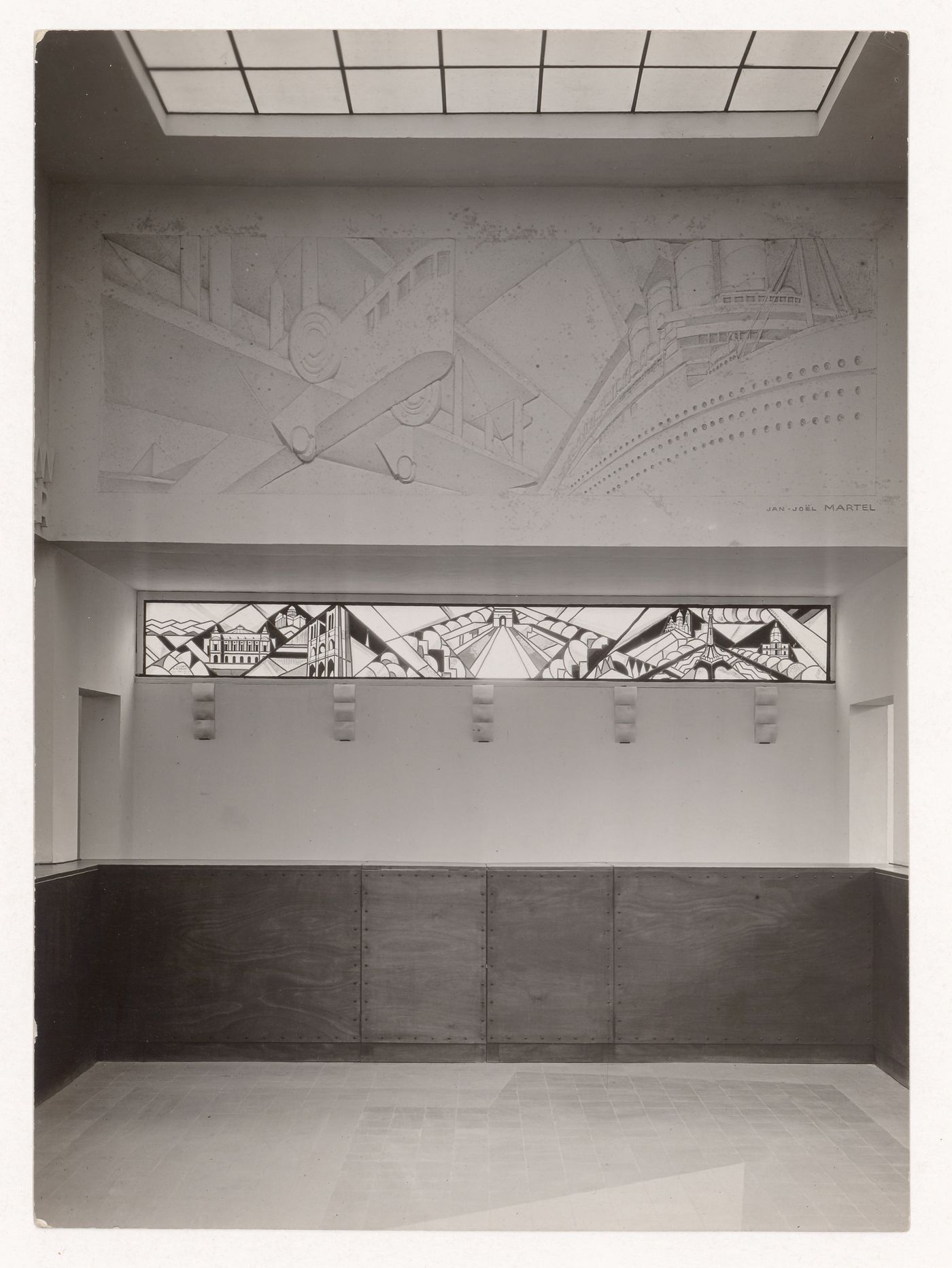 View of interior of tourism pavillion, showing bas-relief, Exposition internationale des arts décoratifs et industriels modernes, Paris, France