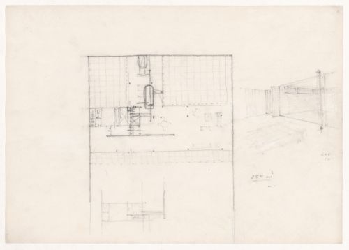 Plan, interior perspective sketch, and partial sketch plan for a Court House