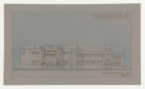 Student drawing [?] showing a principal elevation for a town hall, Netherlands