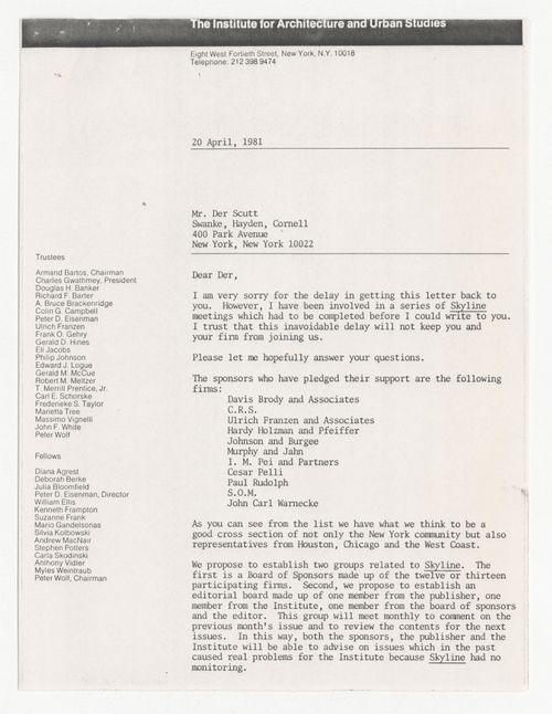 Letter from Peter D. Eisenman to Der Scutt about sponsorship for Skyline