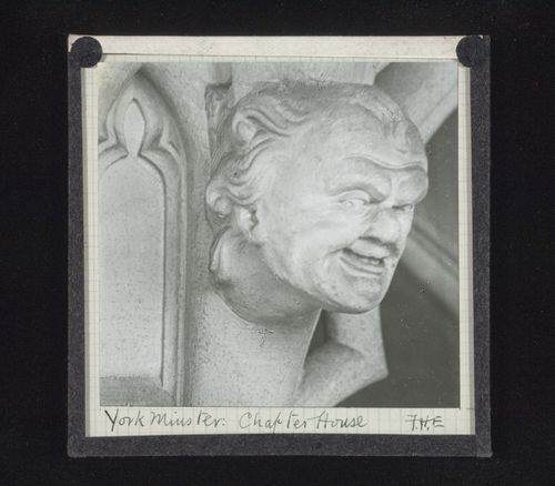 View of sculpture of man's head in Chapter House of York Minster, York, North Yorkshire, England