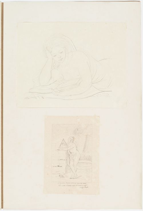 Drawing of a recumbent female figure reading a book; Drawing of a partially draped figure after a passage in Virgil's Bucolics