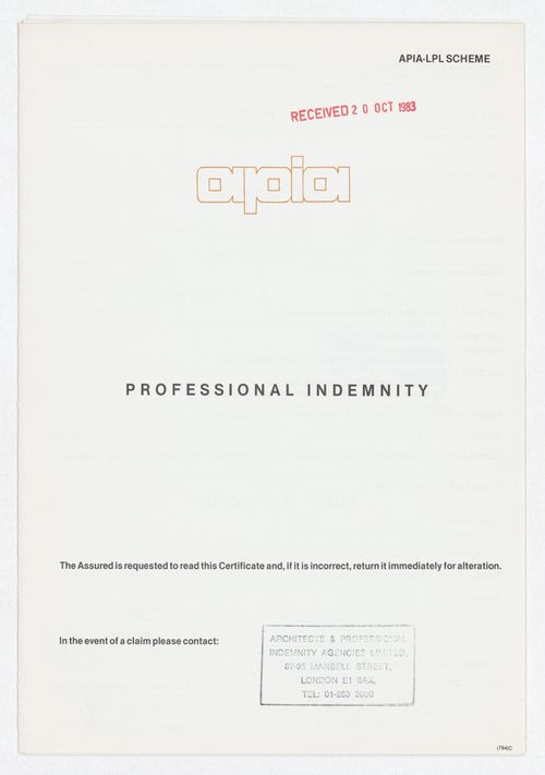 Professionnal indemnity insurance policy for Cedric Price Architects