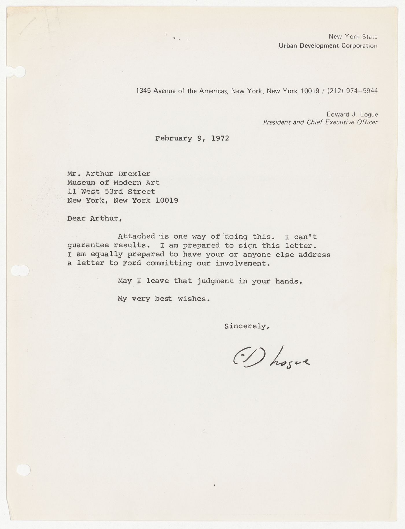 Letter from Edward J. Logue to Arthur Drexler with attached draft letter from Edward J. Logue to Louis Winnick soliciting a donation from the Ford Foundation