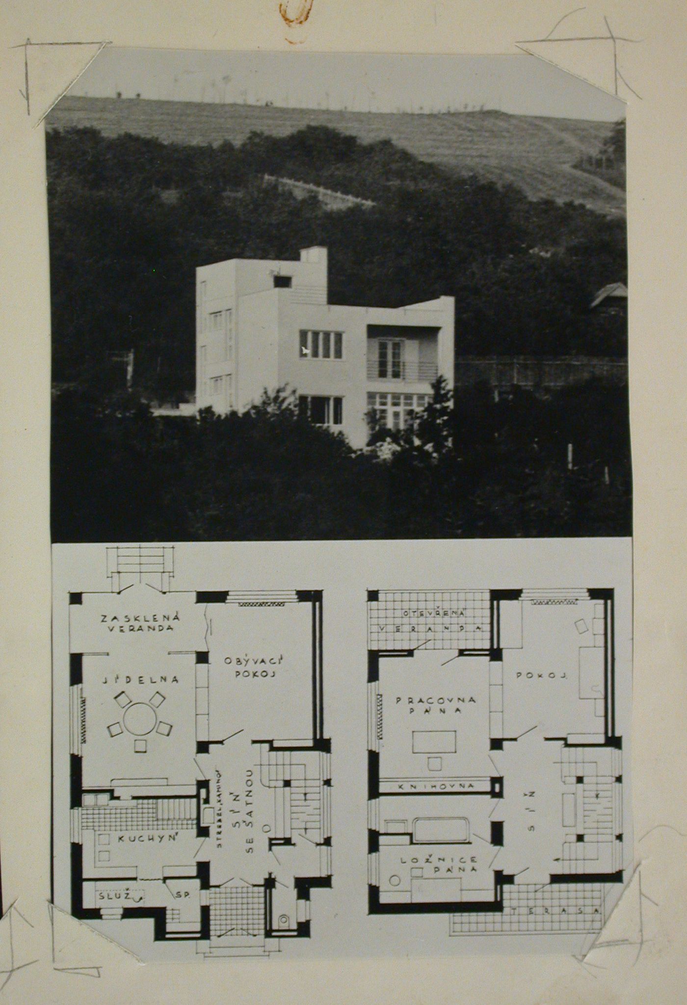 View of a villa and plan drawing, Brno, Czechoslovakia (now Czech Republic)