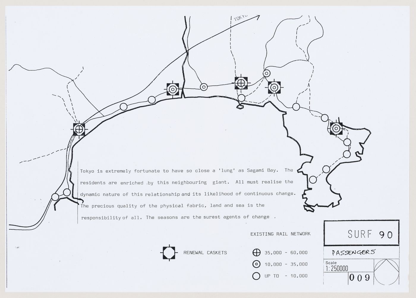 SURF 90: map of Sagami Bay delineating existing rail network and proposed "renewal caskets"