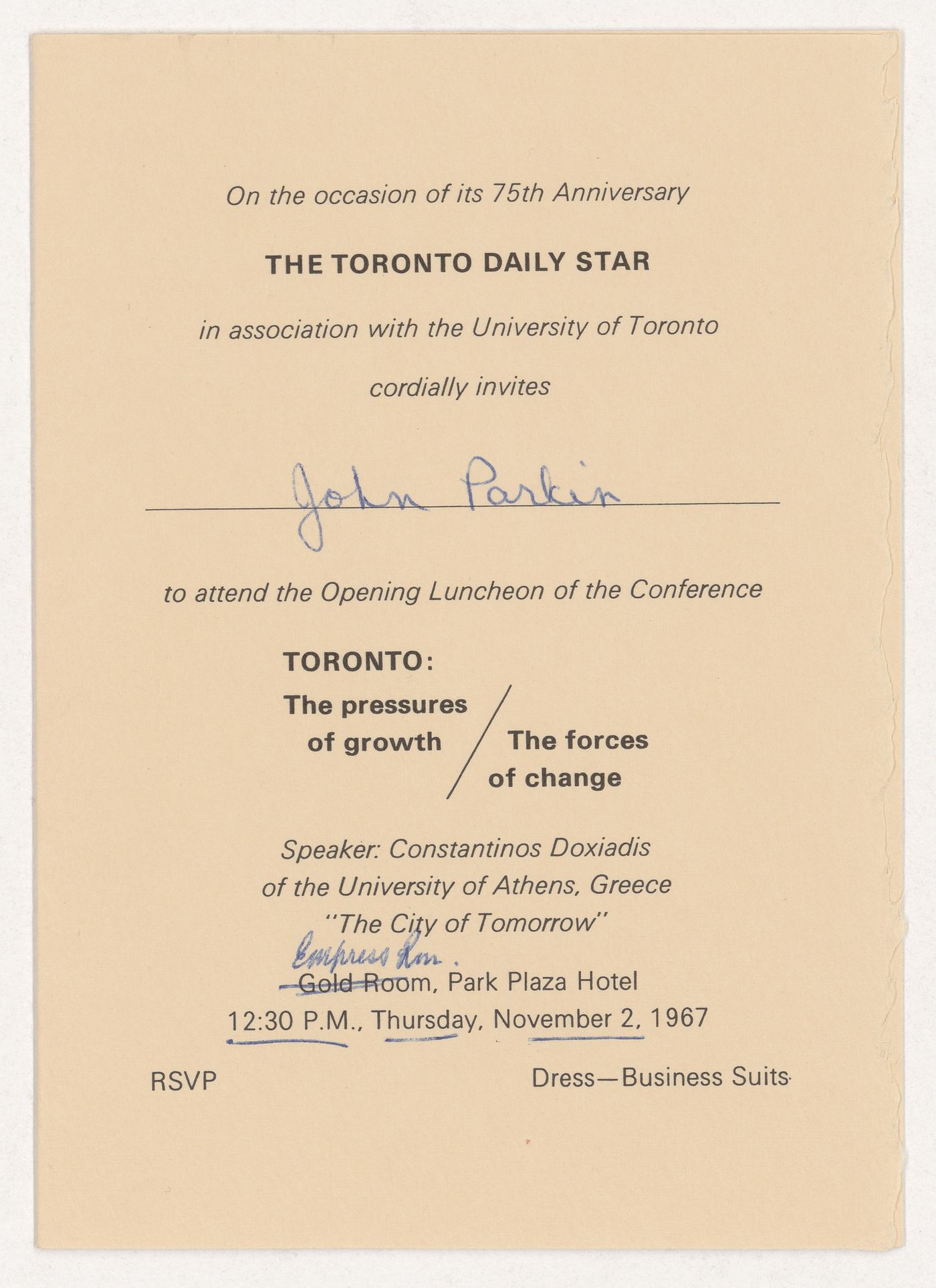 Invitation to the 75th anniversary of the Toronto Daily Star