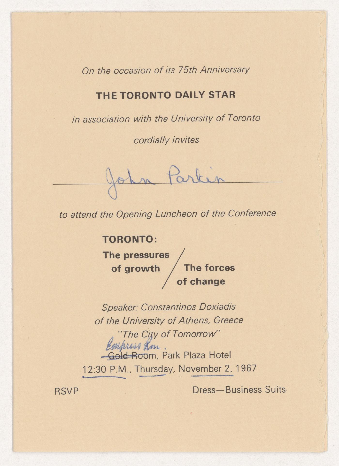 Invitation to the 75th anniversary of the Toronto Daily Star
