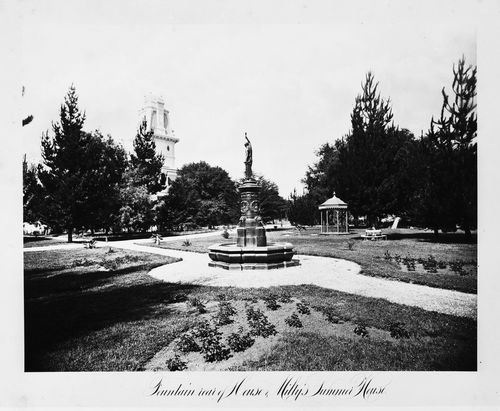 View of the exterior, fountain and grounds, Thurlow Lodge, Menlo Park, California