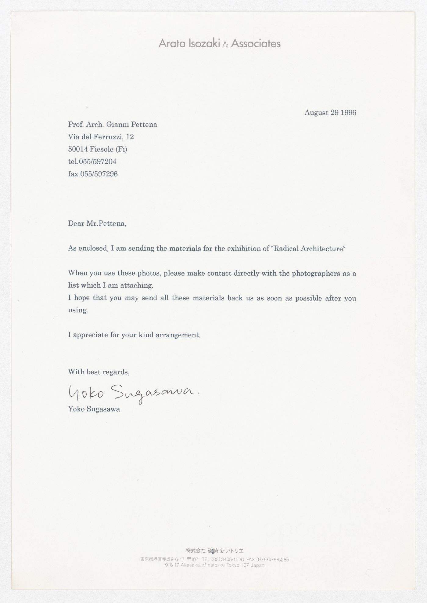 Correspondence and material list from Yoko Sugasawa of Arata Isozaki & Associates for the exhibition Radicals. Architecttura e Design 1960-1975