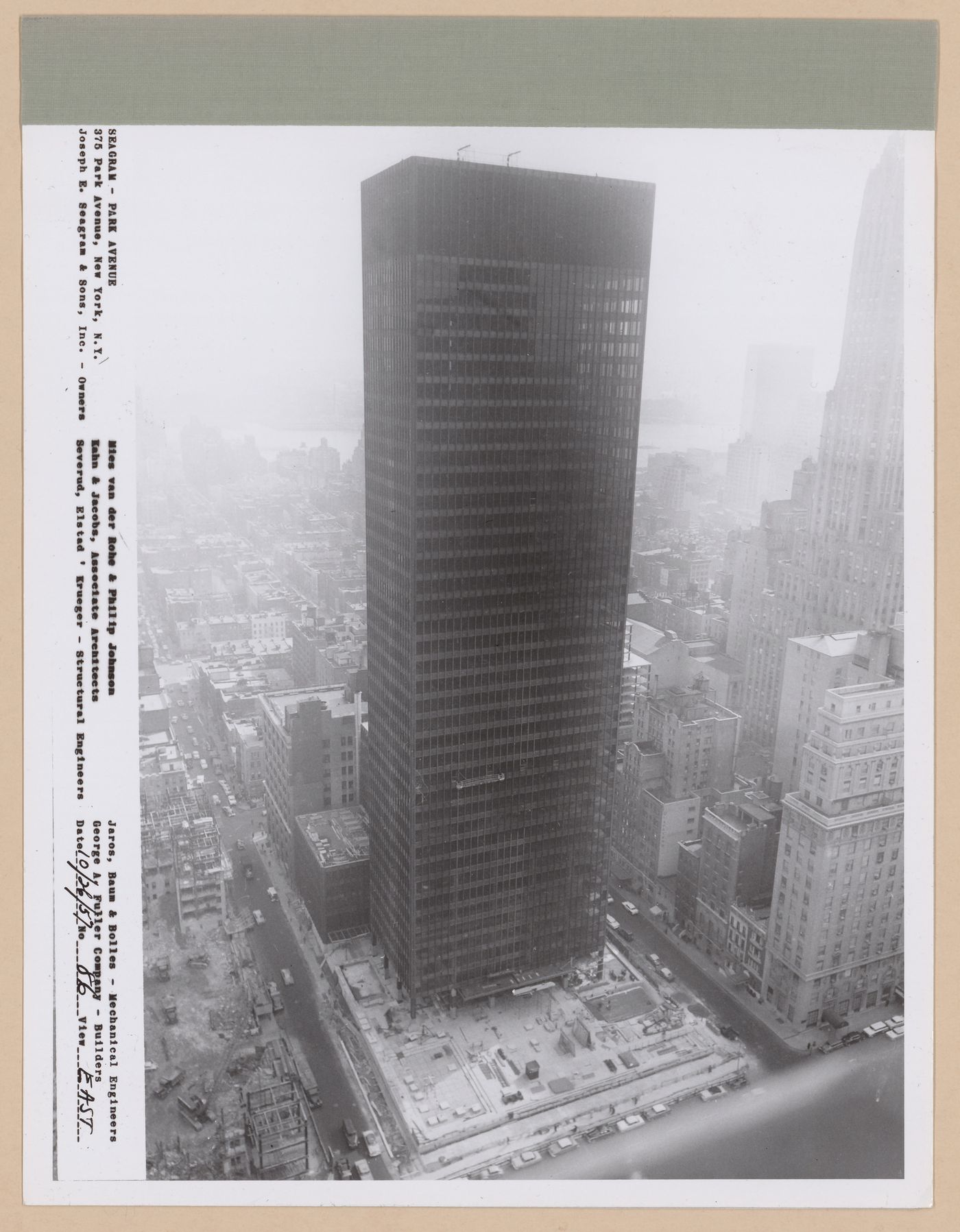 Seagram building under construction, 375 Park avenue, New York, N.Y., east view