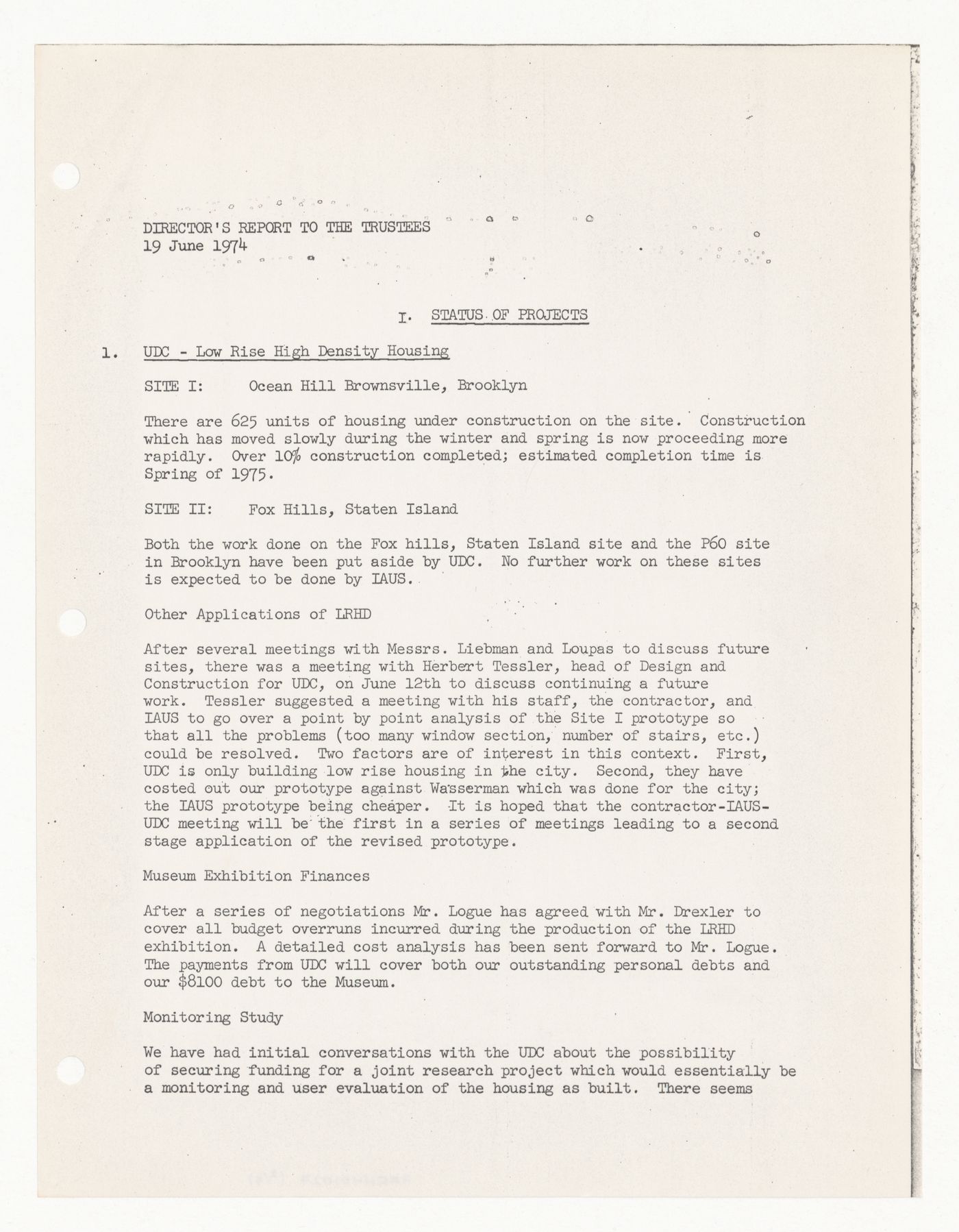 Director's report to the Trustees with annotations by Peter D. Eisenman
