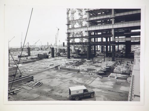 View of cranes and construction of steel structure for power station, United Kingdom