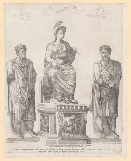 Perspective of a statue of Roma Victrix, accompanied by two conquered Barbarian kings