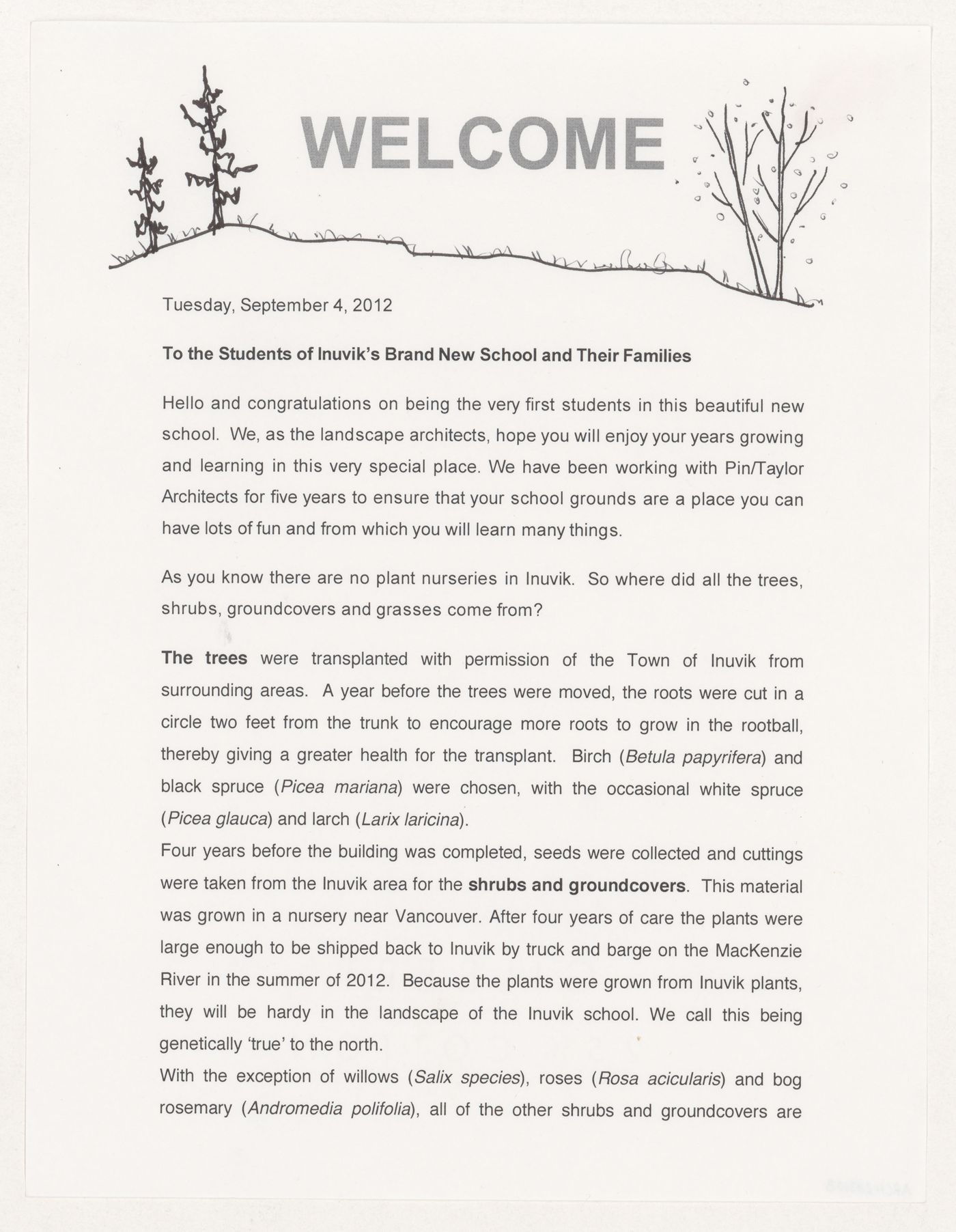 Letter from Cornelia Hahn Oberlander to the students and their families, Inuvik School, Inuvik, Northwest Territories