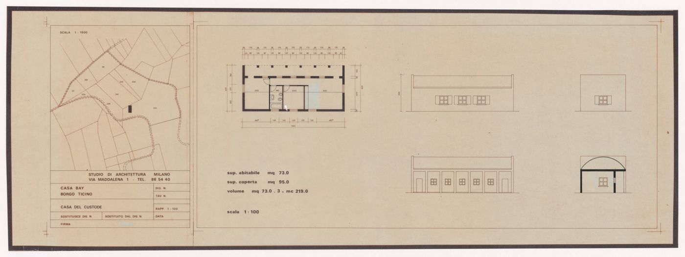 SIte plan, plan, and elevations for Casa Bay, Borgo Ticino, Italy