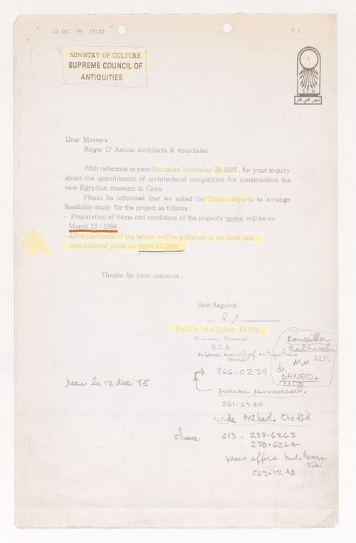 Lettre de M.A.H. El-Din à Roger D'Astous au sujet du Projet pour un musée égyptien, Le Caire, Égypte