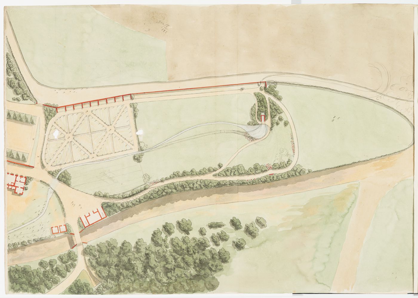 Partial site plan for Domaine de La Vallée; verso: Sketch plan, probably for the house, Domaine de La Vallée