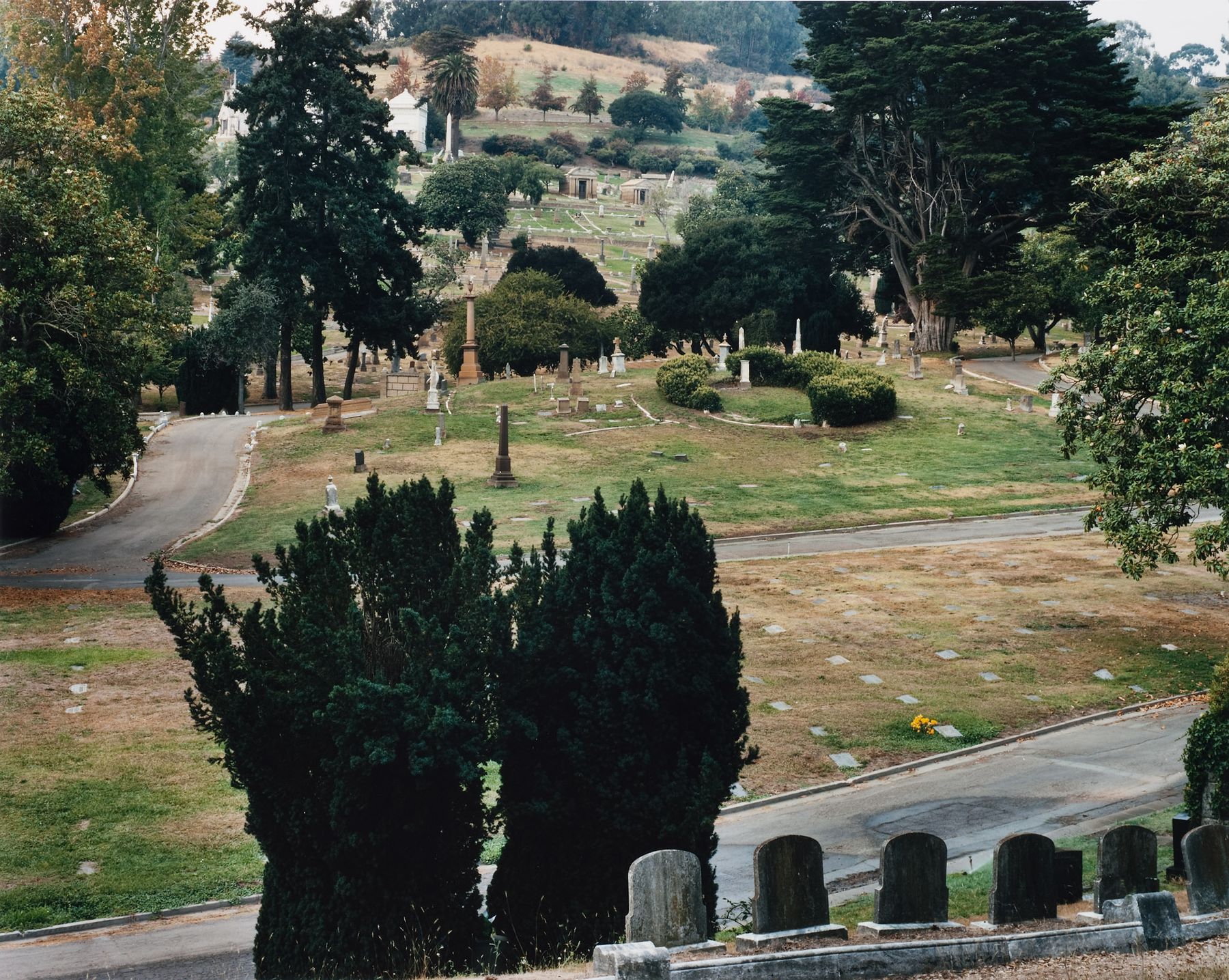 Robert Burley. Vue d’ensemble par temps couvert, Mountain View Cemetery, à Oakland, en Californie. Octobre 1991.