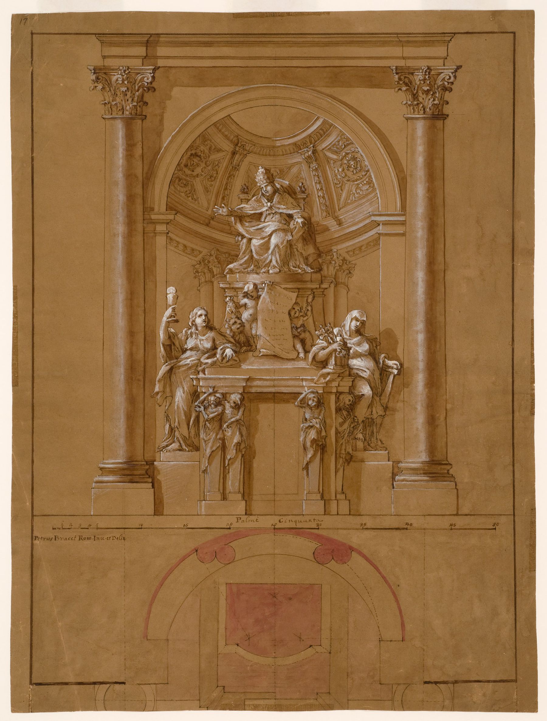 Pietro Bracci. Élévation et plan, probablement pour la tombe de Benoît XIV, à Rome. Entre 1759 et 1763.