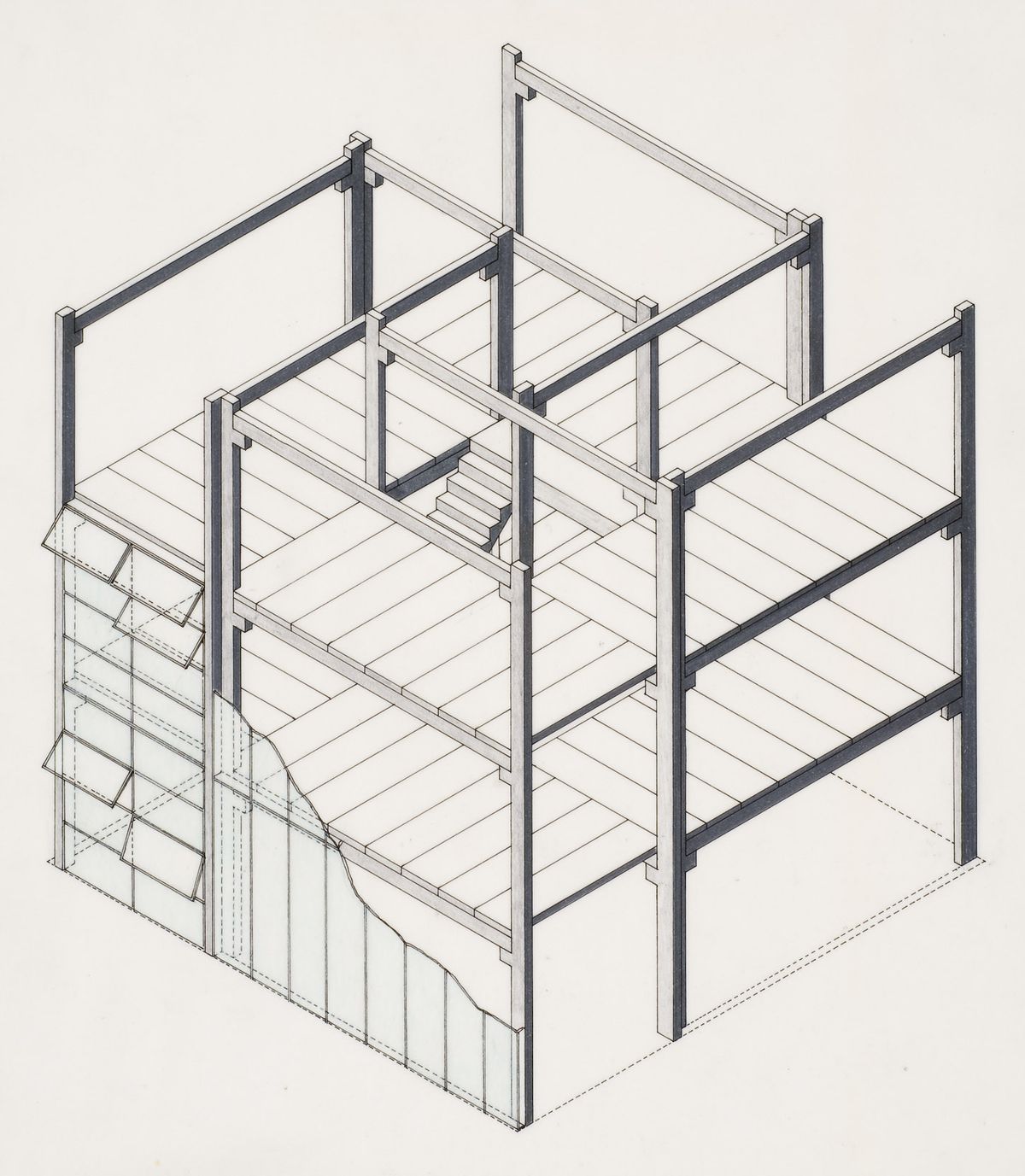 James Frazer Stirling. Stiff Dom-ino Housing, theoretical project: cut-away axonometric view of the building with hinged windows. 1951