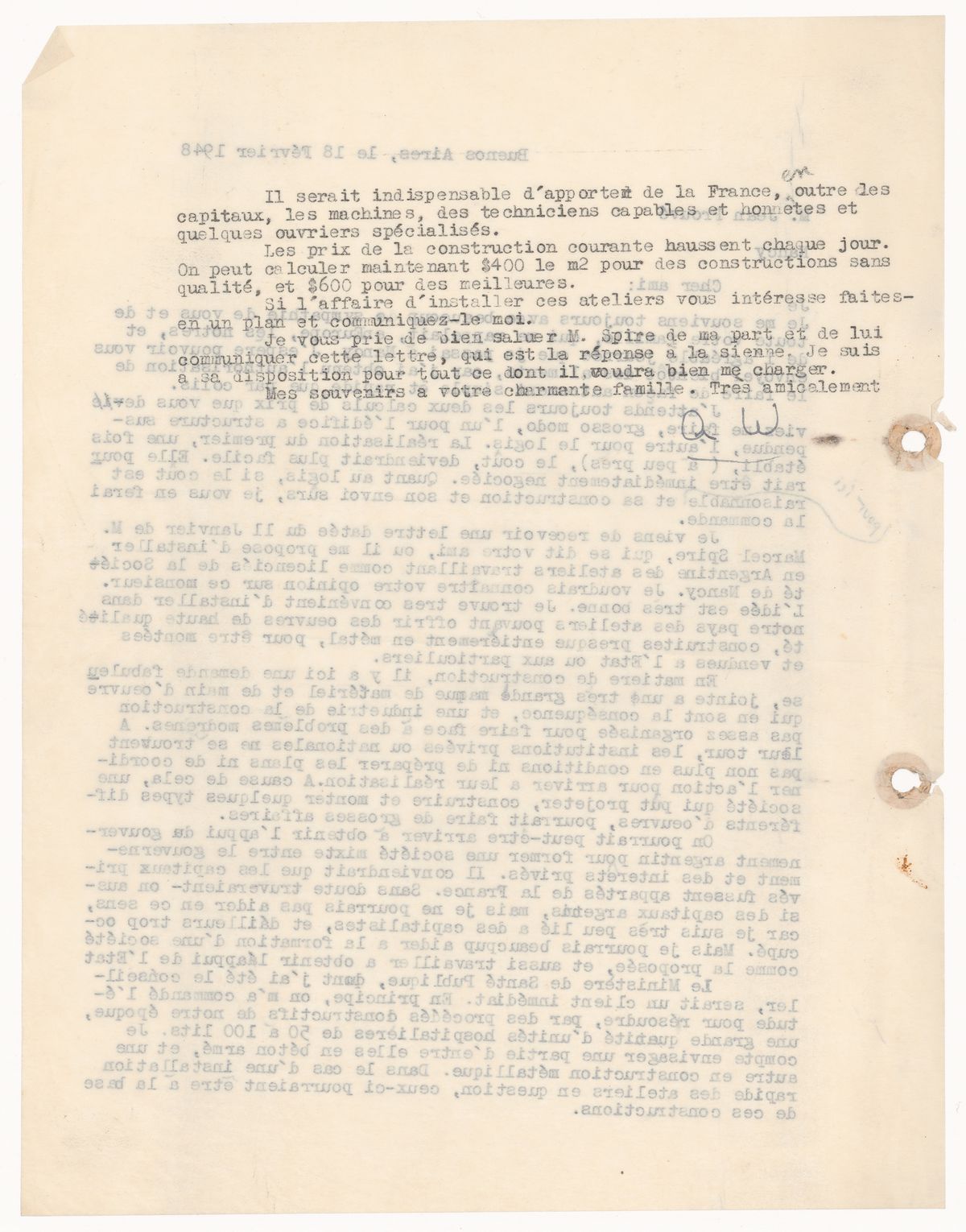 Letter from Amancio Williams to Jean Prouvé, 18 February 1948