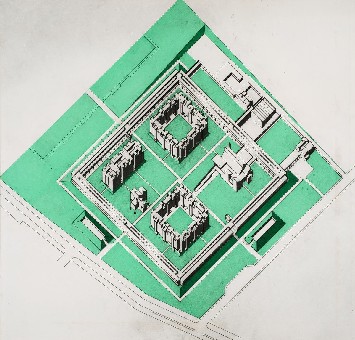 Stirling and Gowan. Churchill College, University of Cambridge, England, axonometric view of courtyard pavilions. 1958