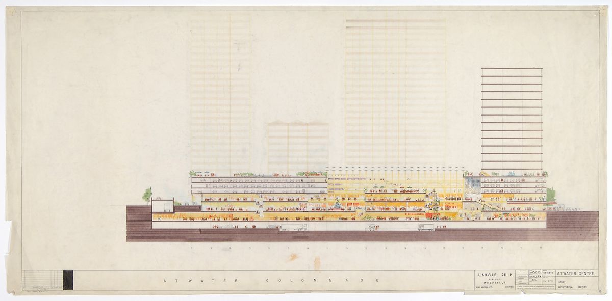 Harold Ship. Place Alexis Nihon, Montréal. Coupe longitudinale par Stanley King, dessinateur, 1964