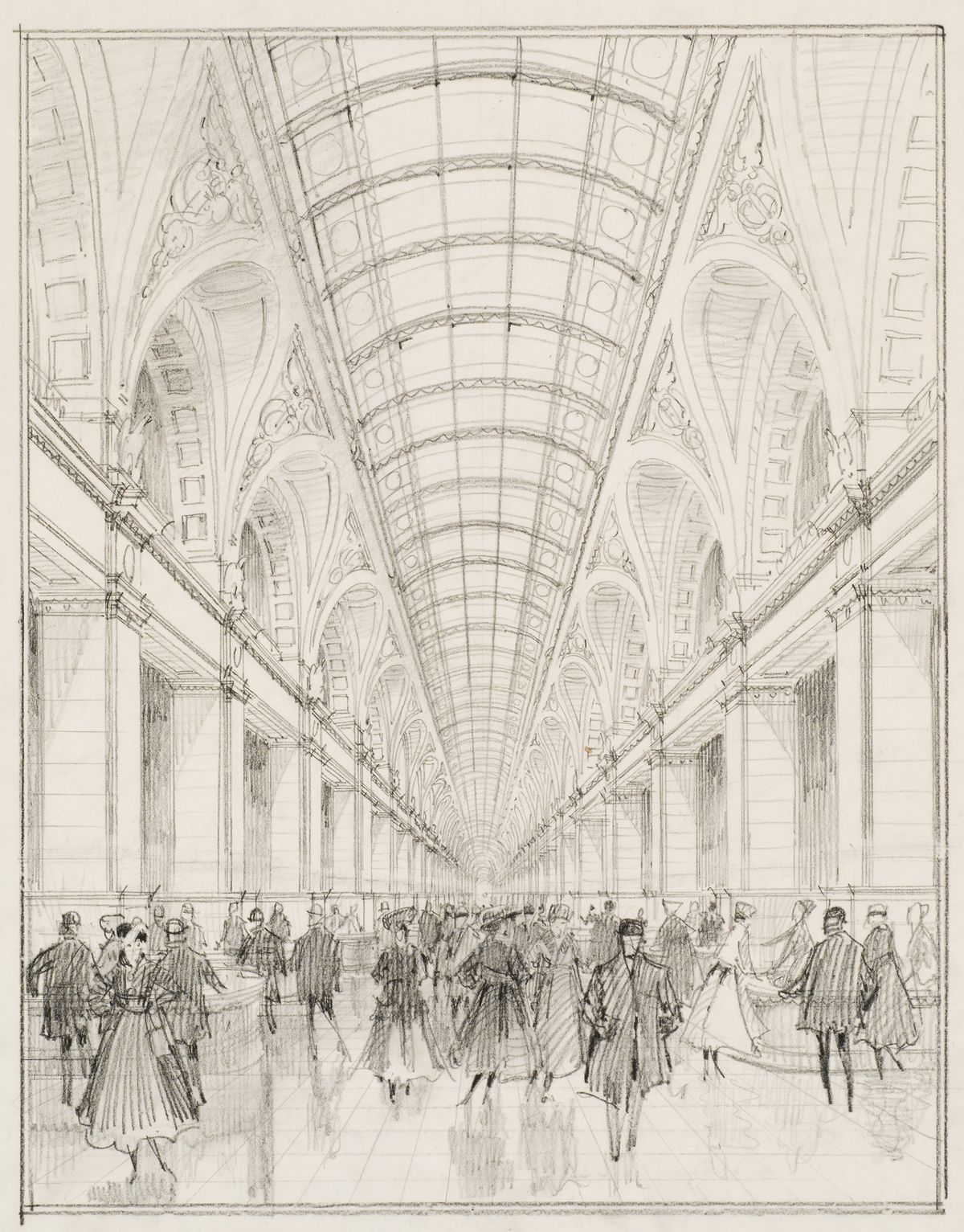 Daniel Hudson Burnham. Eaton’s Building, Toronto. Esquisse de perspective intérieure pour la promenade de l’aile principale. Dessinateur inconnu. Vers 1912