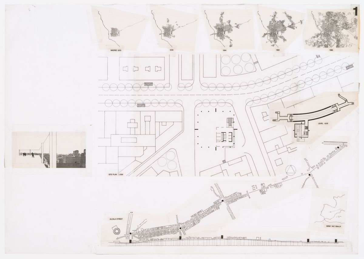 Ábalos & Herreros. Maquette d'un panneau de présentation montrant des cartes, plans et vues contextuels, Concurso Zephyr : tours hybrides autosuffisantes, Madrid, 1993–1994