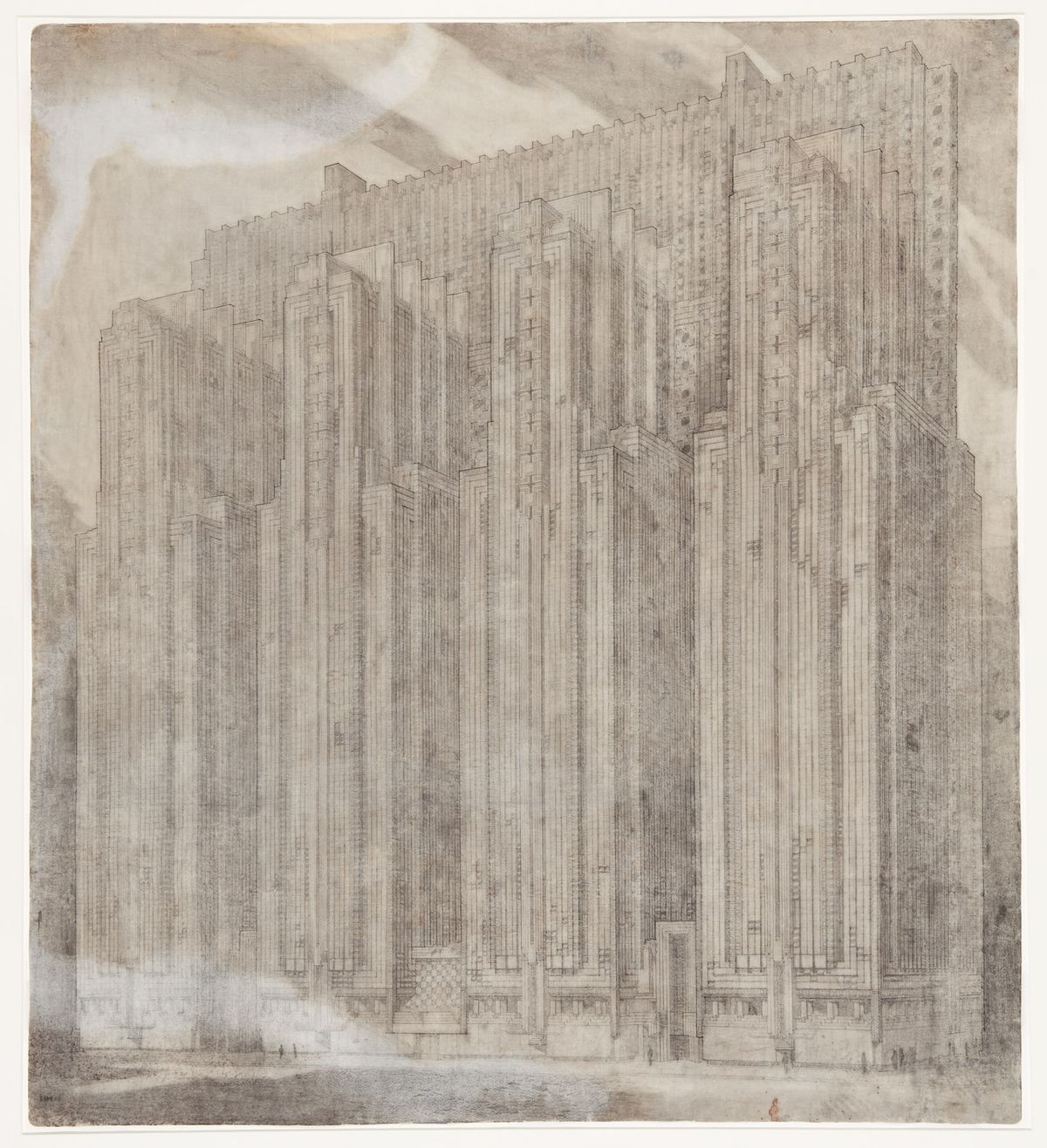 Frank Lloyd Wright. Édifice de bureaux pour la National Life Insurance Company, Chicago. Dessin de présentation d’une perspective extérieure, dessinateur inconnu. 1924