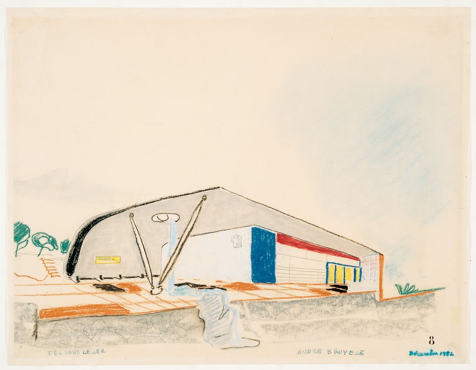 André Bruyère (1912-1998) and Fernand Léger (1881-1955)<br/>Project for a Village Polychrome, Biot, France. Perspective of a guest villa with terrace, 1953<br/>Pastel on tracing paper<br/>42.4 x 54.6 cm<br/>DR1996:0001<br/>Gift in memory of Daniel Robbins