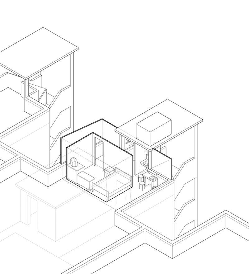 Rufina Wu, artist. Axonometric drawing, Building 2, Unit 2, Sham Shui Po District. 2008